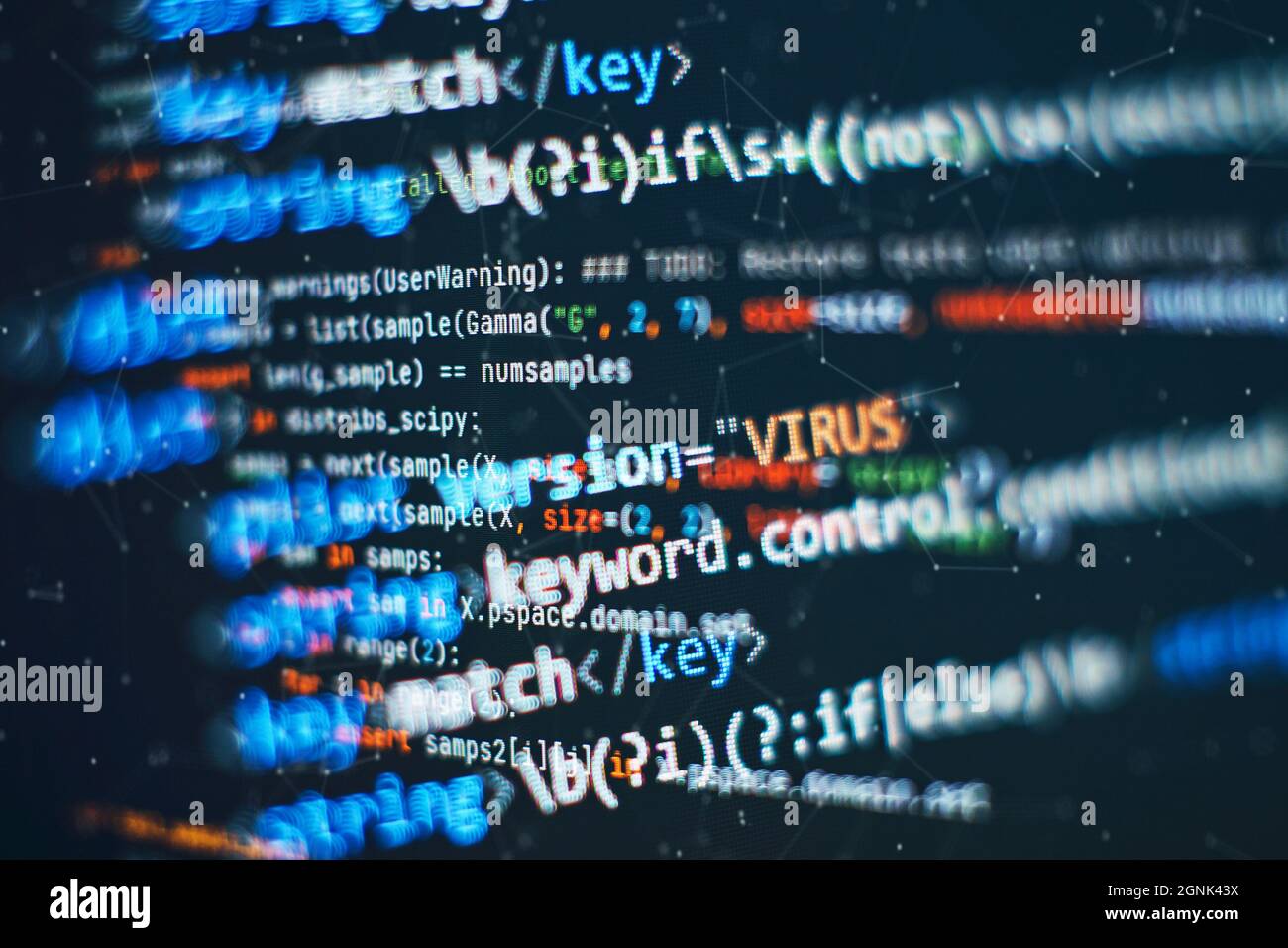 Code de script informatique abstrait. Écran de code de programmation du développeur de logiciel. Temps de travail de programmation logicielle. Texte de code écrit et créé entièrement b Banque D'Images