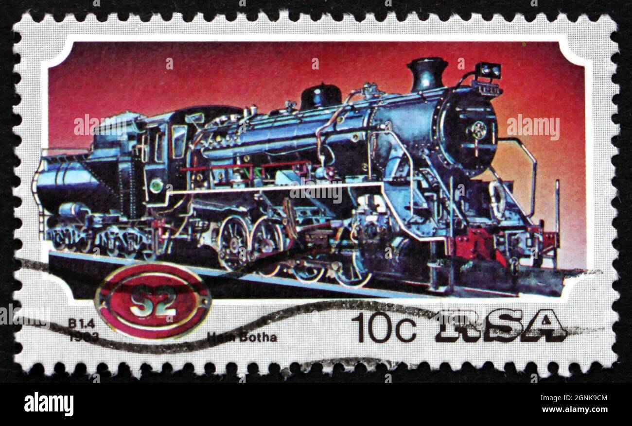 AFRIQUE DU SUD - VERS 1983: Un timbre imprimé en Afrique du Sud montre Steam Locomotive, classe 82, 1952, vers 1983 Banque D'Images