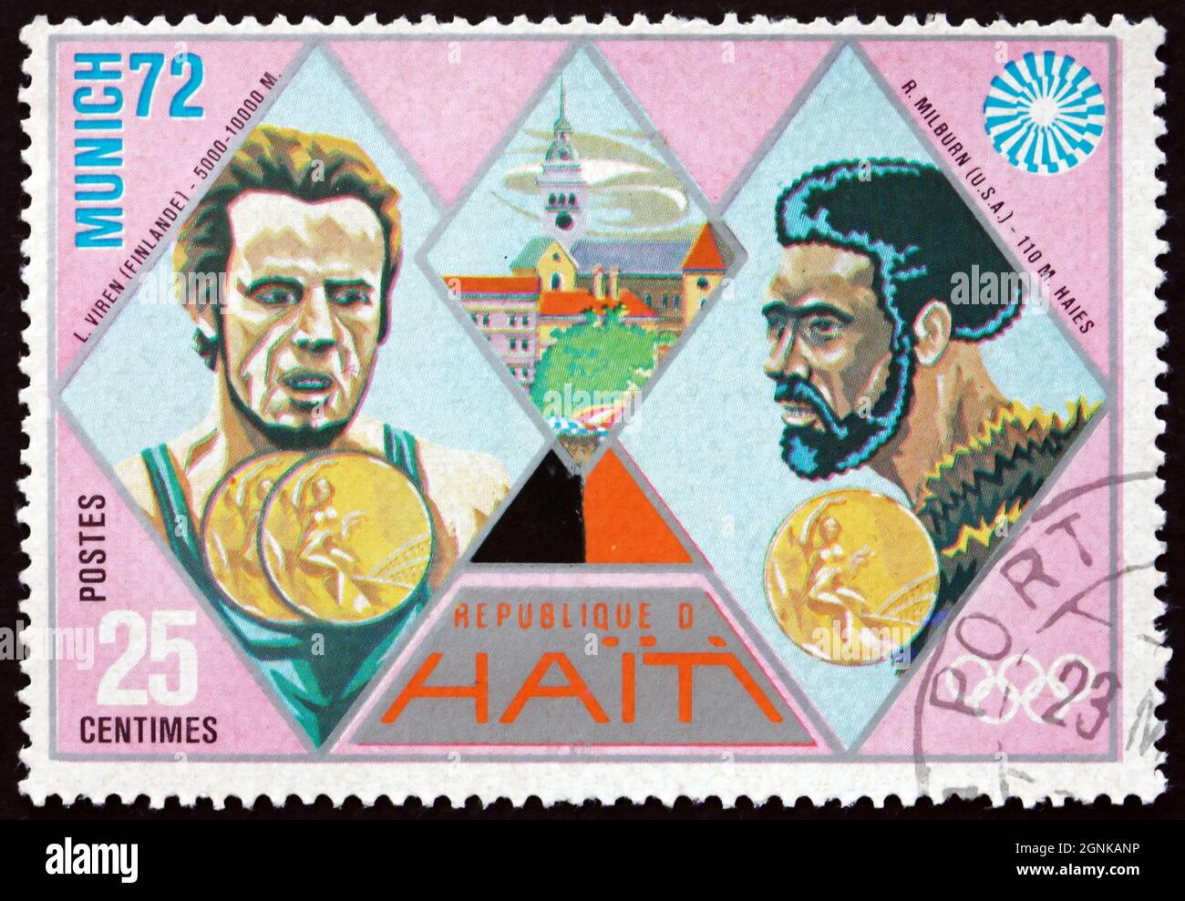 HAÏTI - VERS 1972 : un timbre imprimé en Haïti montre Viren et Milburn, lauréats de la médaille d'or, Jeux Olympiques d'été 1972, Munich, vers 1972 Banque D'Images