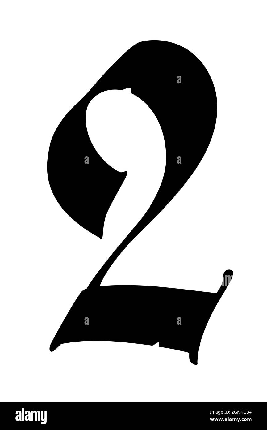 Numéro 2 dans le style gothique. Vecteur. Le symbole est isolé sur un fond blanc. Calligraphie et lettrage. Lettre latine médiévale. Logo de la com Illustration de Vecteur