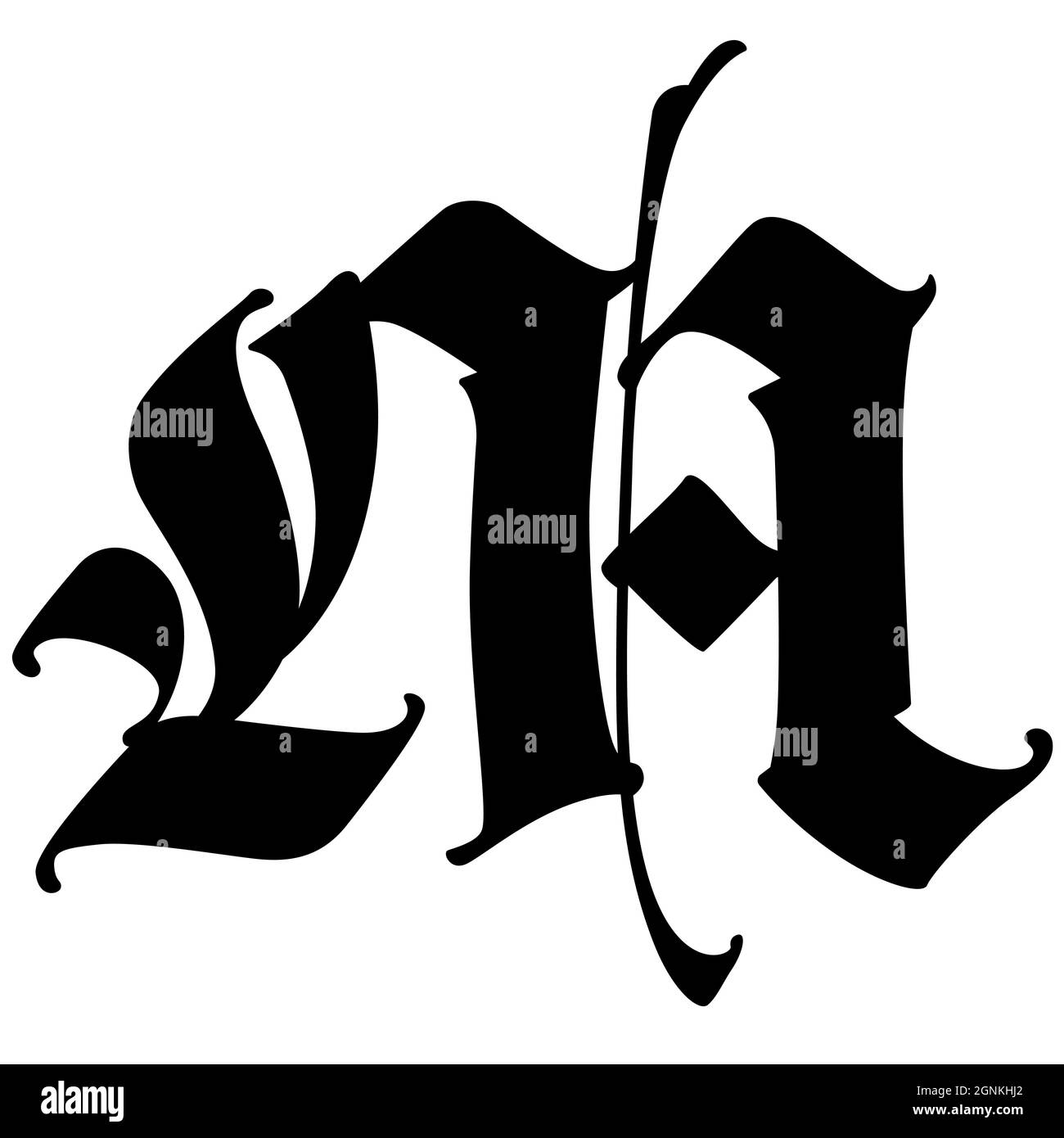Lettre M de style gothique. Vecteur. Alphabet. Le symbole est isolé sur un fond blanc. Calligraphie et lettrage. Lettre latine médiévale. Logo f Illustration de Vecteur