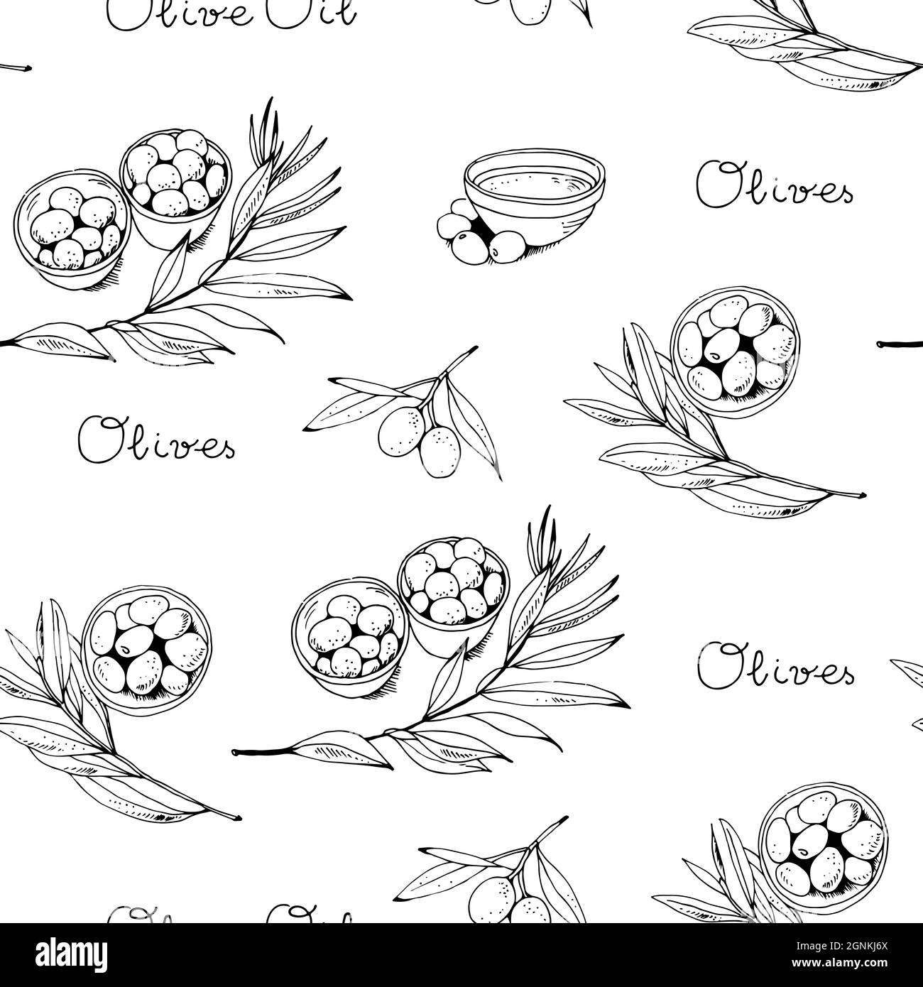 Olives et branche d'olive motif vectoriel sans couture, huile d'olive fond de nourriture vintage Illustration de Vecteur