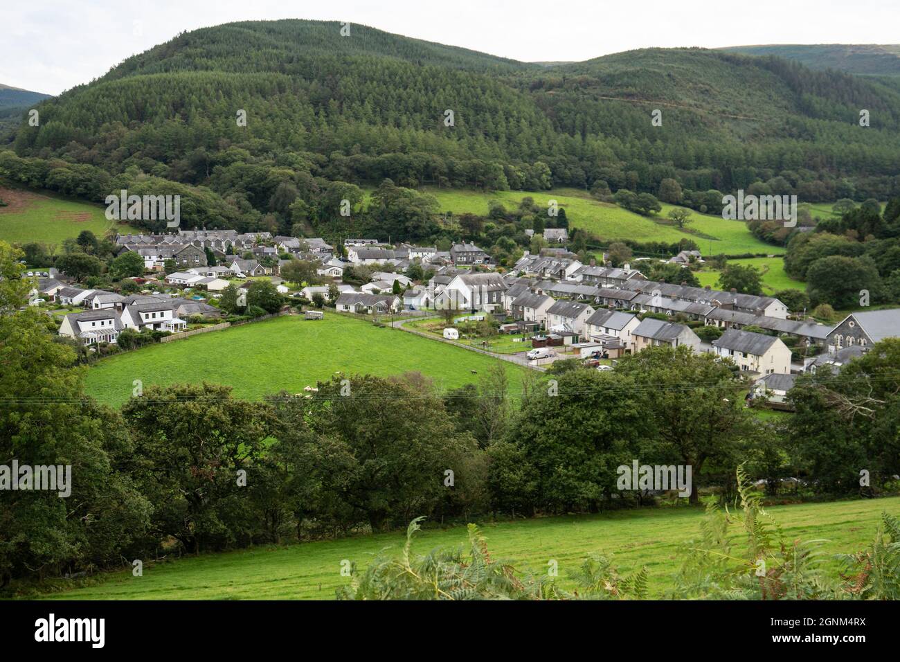 Village gallois niché dans une vallée verdoyante avec des collines boisées et une campagne pastorale Banque D'Images