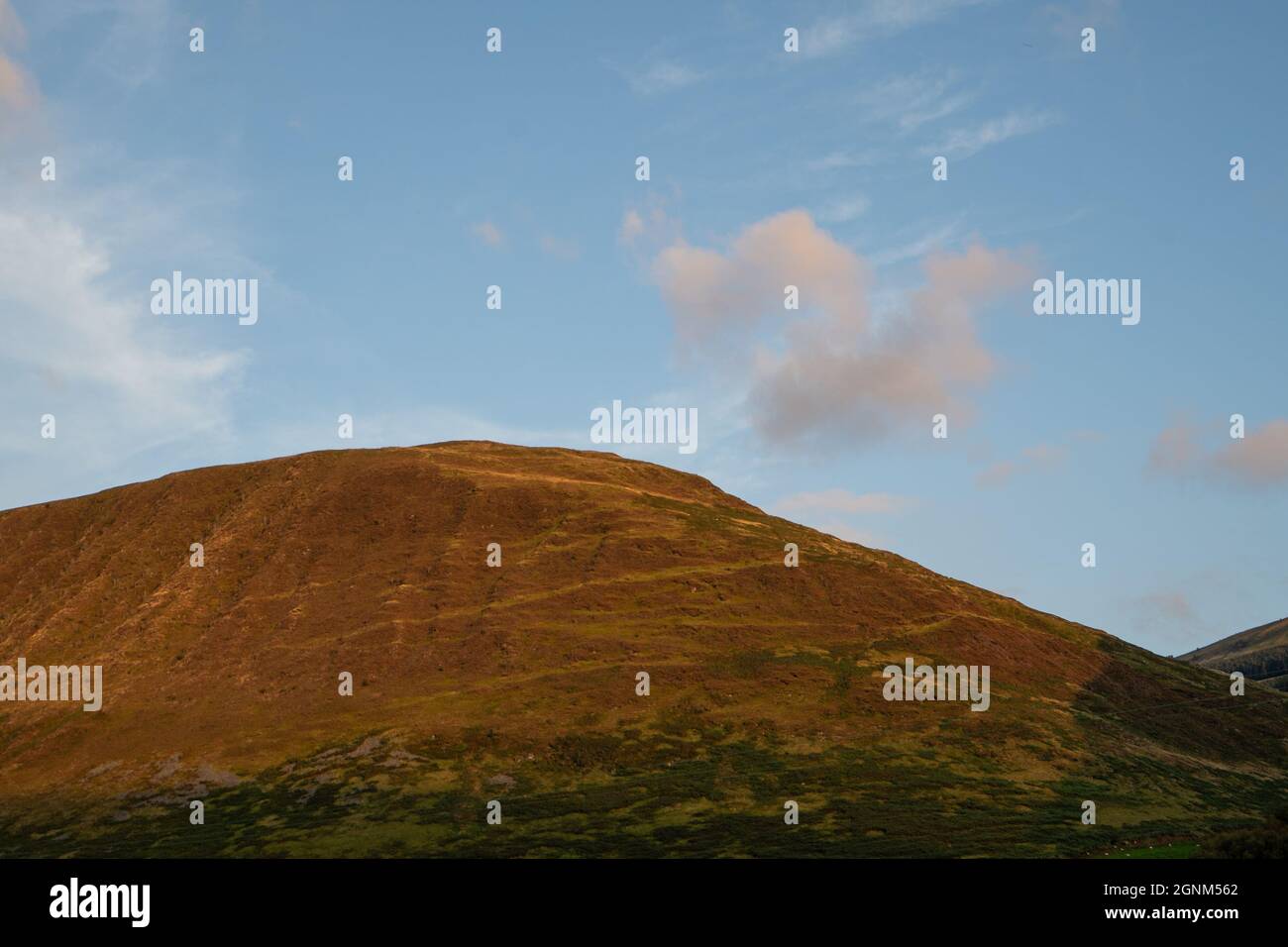 Collines galloises ondulantes baignées dans la lumière dorée du soir sous un ciel bleu nuageux Banque D'Images Collines galloises ondulantes baignées dans la lumière dorée du soir sous un ciel bleu nuageux Banque D'Images