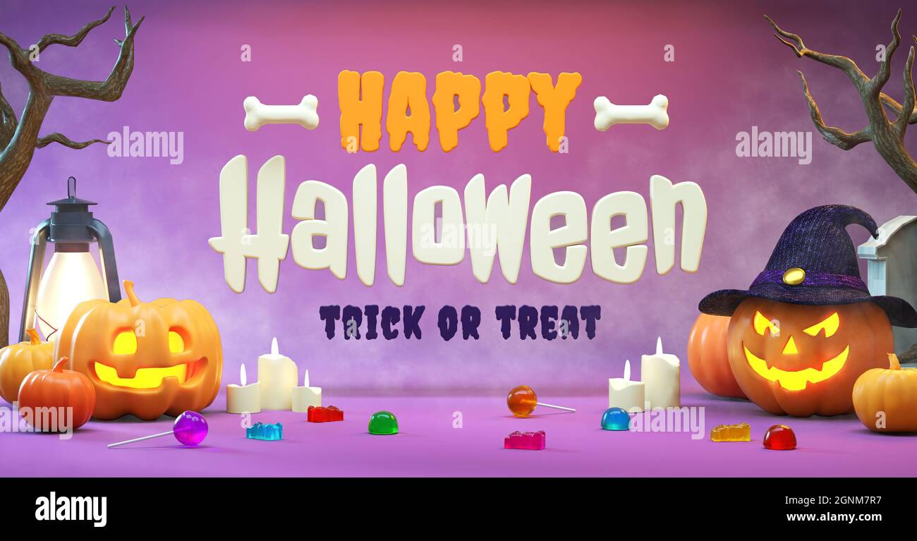 Bonne scène d'arrière-plan de la circulaire d'Halloween avec des trucs et des lettres dans un rendu 3D réaliste. Modèle de carte de voeux pour banderole Halloween Banque D'Images