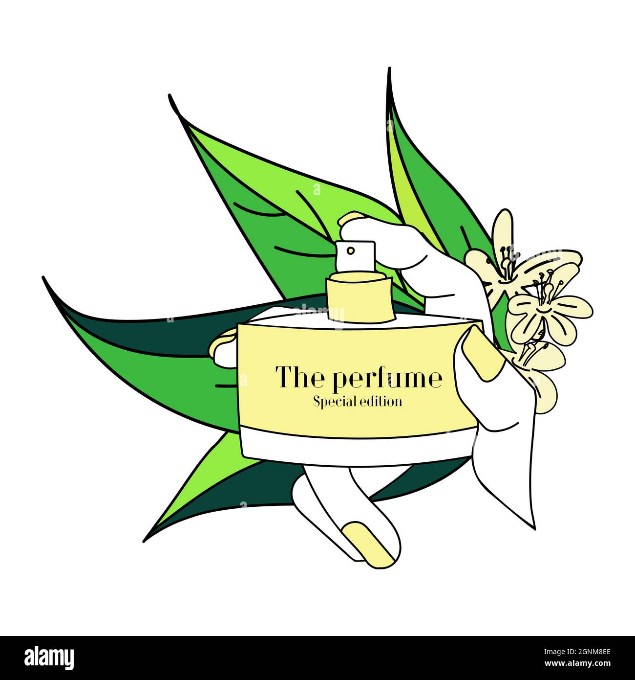Parfum jaune dans une main élégante avec manucure jaune sur fond de fleurs et de feuilles. Illustration vectorielle. Illustration de Vecteur