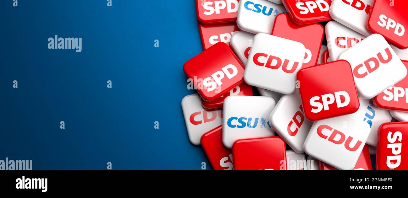 Logos des partis politiques allemands CDU/CSU, et SPD qui pourraient former la fameuse grande coalition (Große Koalite) aux élections du Bundestag. Banque D'Images