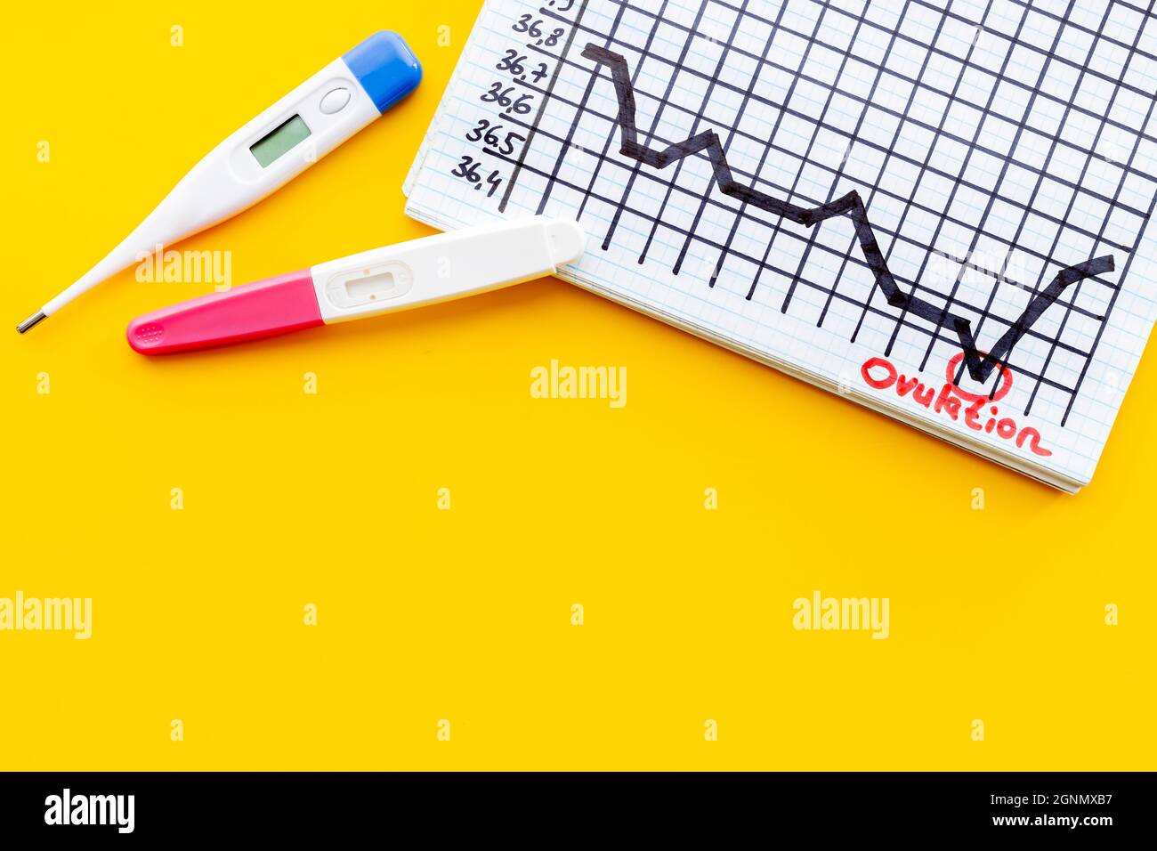 Thermomètre et test d'ovulation sur le tableau de température de base.  Prévision de la fertilité Photo Stock - Alamy