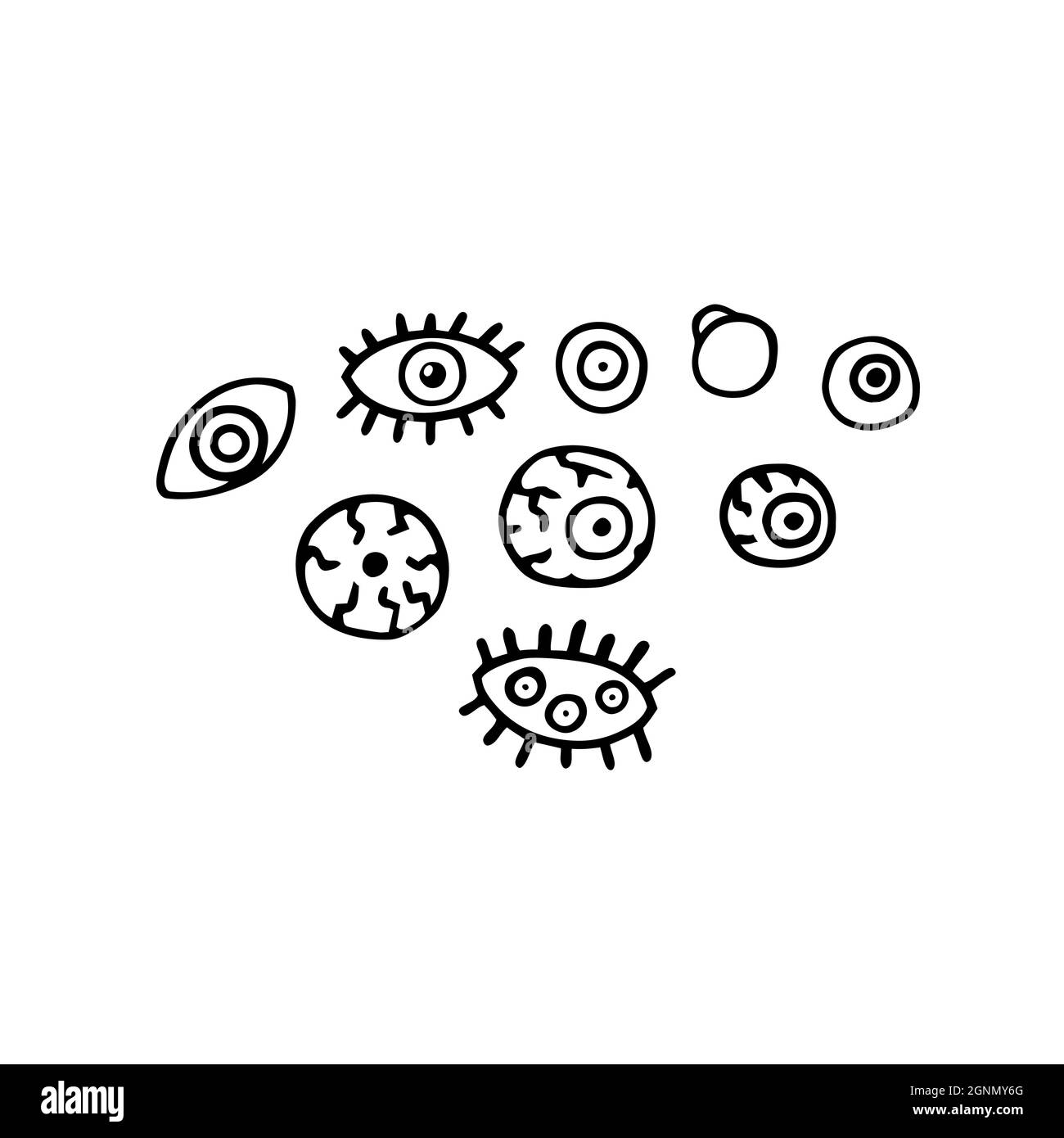 Ensemble de lunettes effrayantes Doodle. Des éléments de monstre fous dessinés à la main. Contour de l'œil avec un pupille, cils, vaisseaux, fissures. Sorcière, signe zombie. Symbole effrayant. Illustration de Vecteur