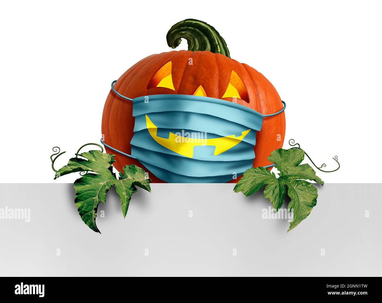 Signe horizontal de sécurité d'Halloween comme une citrouille de citrouille de jack o lanterne portant une protection de masque médical comme symbole d'automne pour la maladie. Banque D'Images
