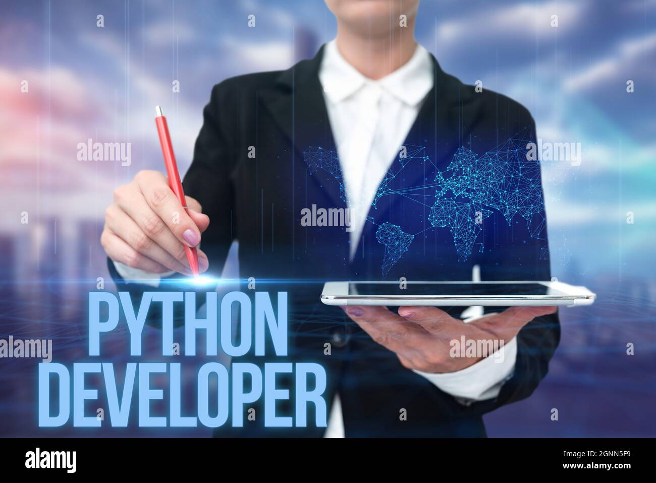 Inspiration montrant le développeur Python Sign. Business concept  responsable de l'écriture de la logique d'application Web côté serveur Lady  dans la tenue debout uniforme Photo Stock - Alamy