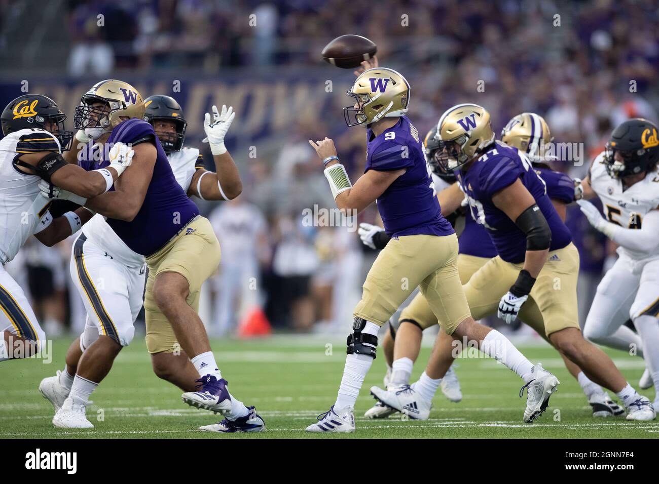 Le quarterback de Washington Huskies Dylan Morris (9) passe le ballon pendant le 1er quart d'un match de football universitaire de la NCAA contre le Golden de Californie Banque D'Images