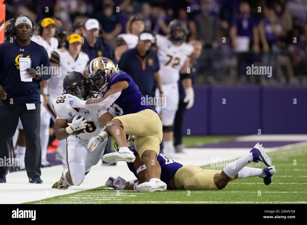 Washington Huskies défensive back Alex Cook (5) frappe California Golden Bears qui retourne Damien Moore (28) pour terminer la pièce pendant la 4e qua Banque D'Images