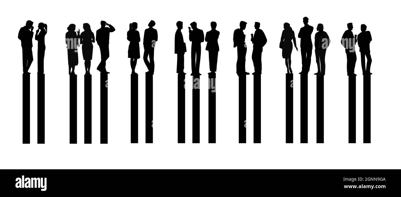 Les gens sont alignés sur des touches noires sur un piano dans cette illustration inhabituelle de 3 jours sur la musique et les concerts. Banque D'Images