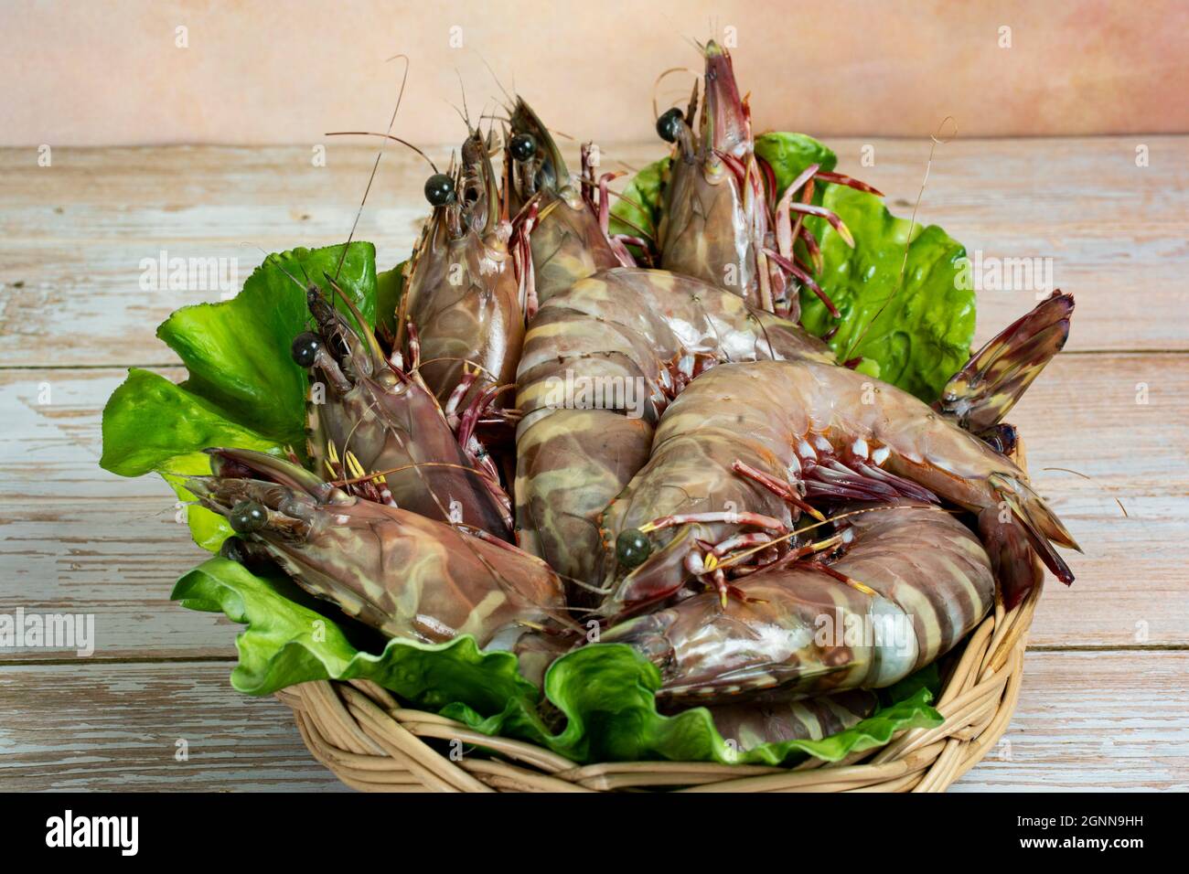 Crevettes géantes fraîches dans un panier. Crevettes tigrées largement élevées pour le marché. Points de mise au point sélective Banque D'Images