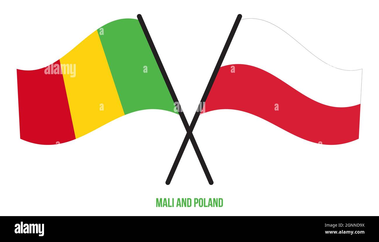 Mali et Pologne drapeaux croisés et ondulant le style plat. Proportion officielle. Corriger les couleurs. Illustration de Vecteur