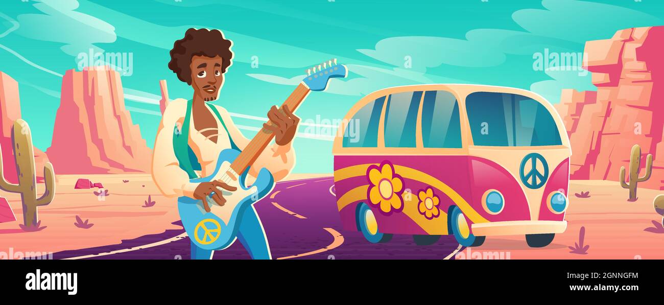 Hippie musique de paix, homme noir hippy jouant de la guitare près de bus rose avec fleurs ornement à l'autoroute du désert. Culture des années soixante, chant du musicien guitariste de fleurs, illustration vectorielle du dessin animé Illustration de Vecteur