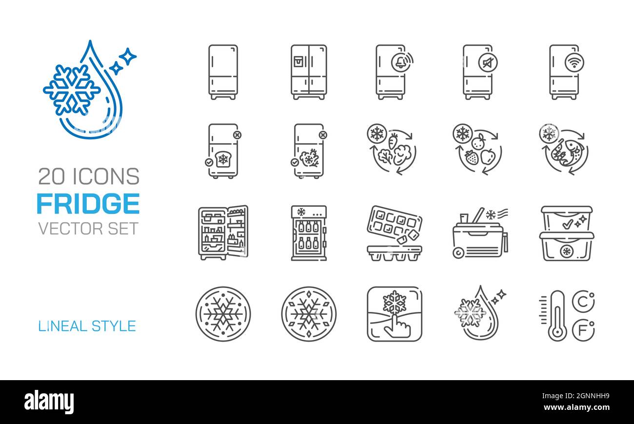Ensemble de vecteurs d'icône de l'étanchéité du réfrigérateur. Congeler, conservation intelligente, conserver les aliments réfrigérés. Illustration de Vecteur