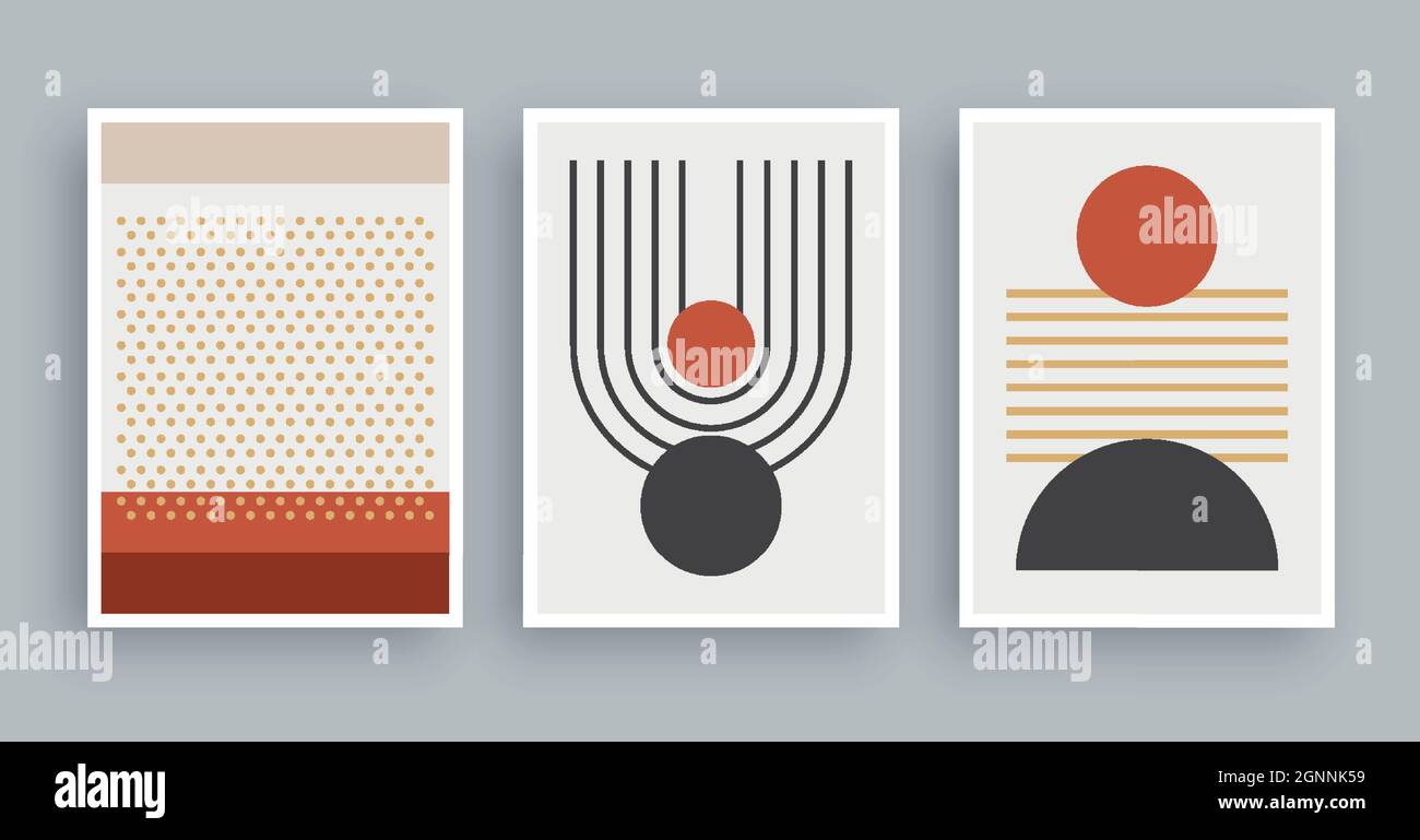 Peinture murale abstraite avec arrière-plan de couleurs boho. Éléments géométriques minimalistes et ligne dessinée à la main. Style scandinave scandinave du milieu du siècle. Illustration de Vecteur