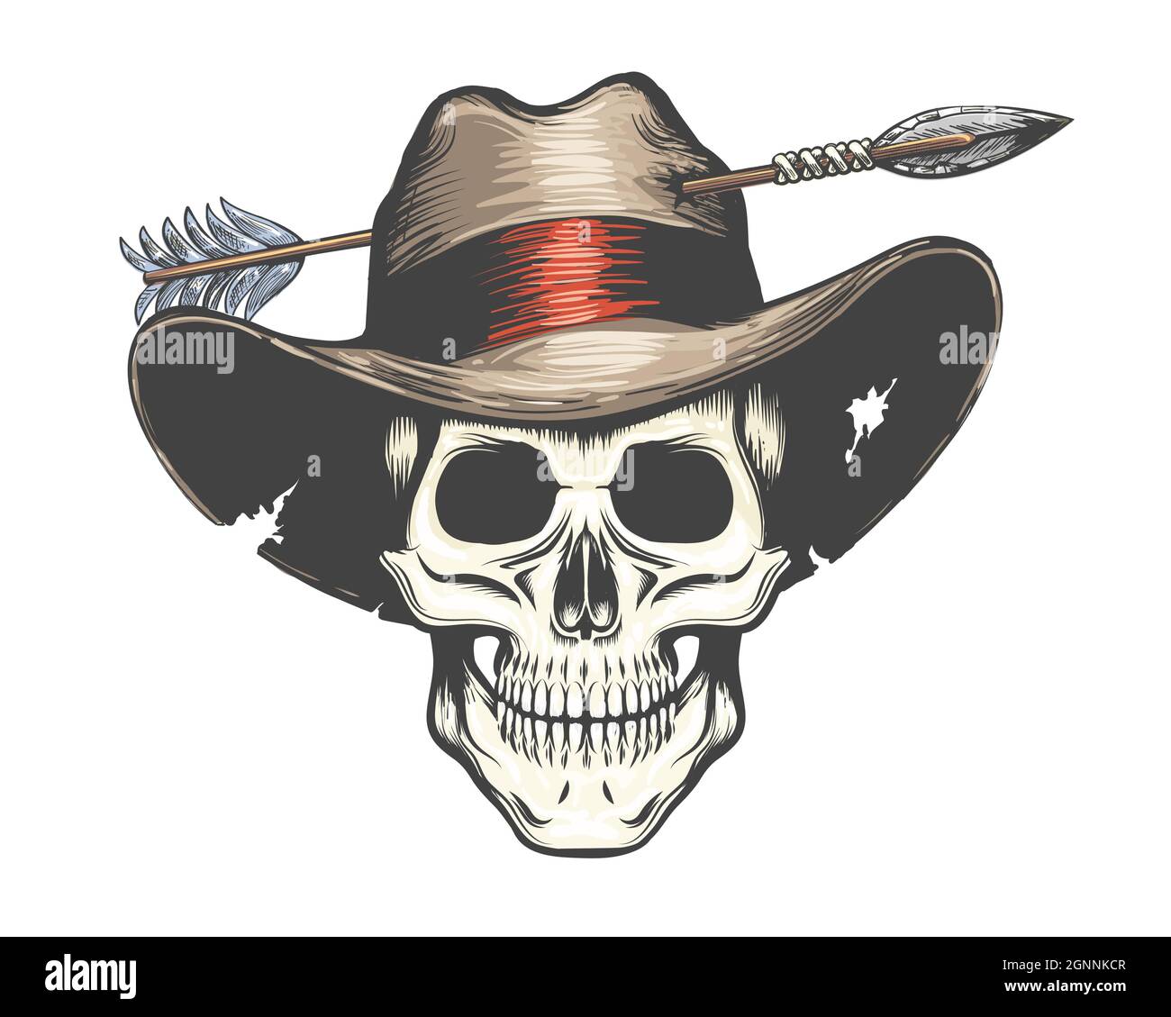 Crâne humain en forme de flèche chapeau de cow-boy coloré Tattoo. Illustration vectorielle. Illustration de Vecteur