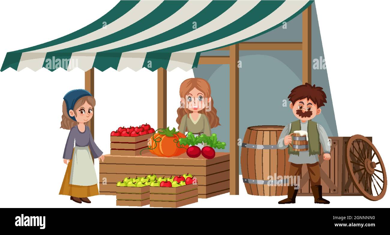 Villageois médiévaux à la boutique de fruits sur fond blanc illustration Illustration de Vecteur