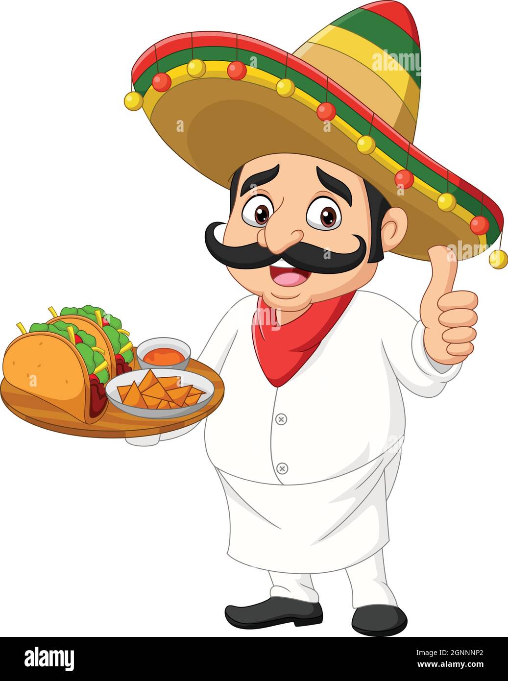 Caricature du chef mexicain avec des plats qui vous donnent le pouce Illustration de Vecteur