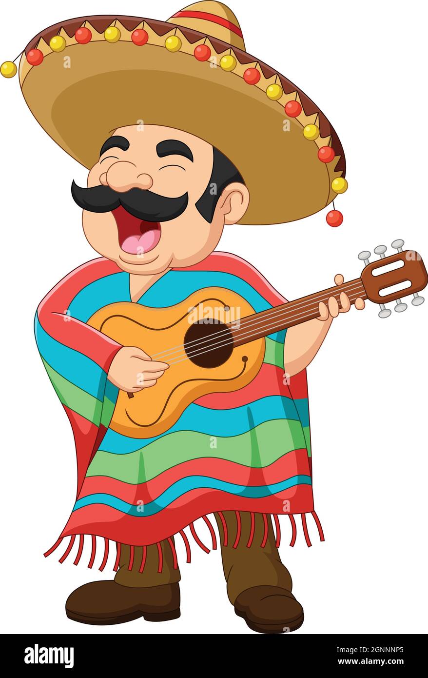Homme de dessin animé mexicain jouant de la guitare et chantant Illustration de Vecteur