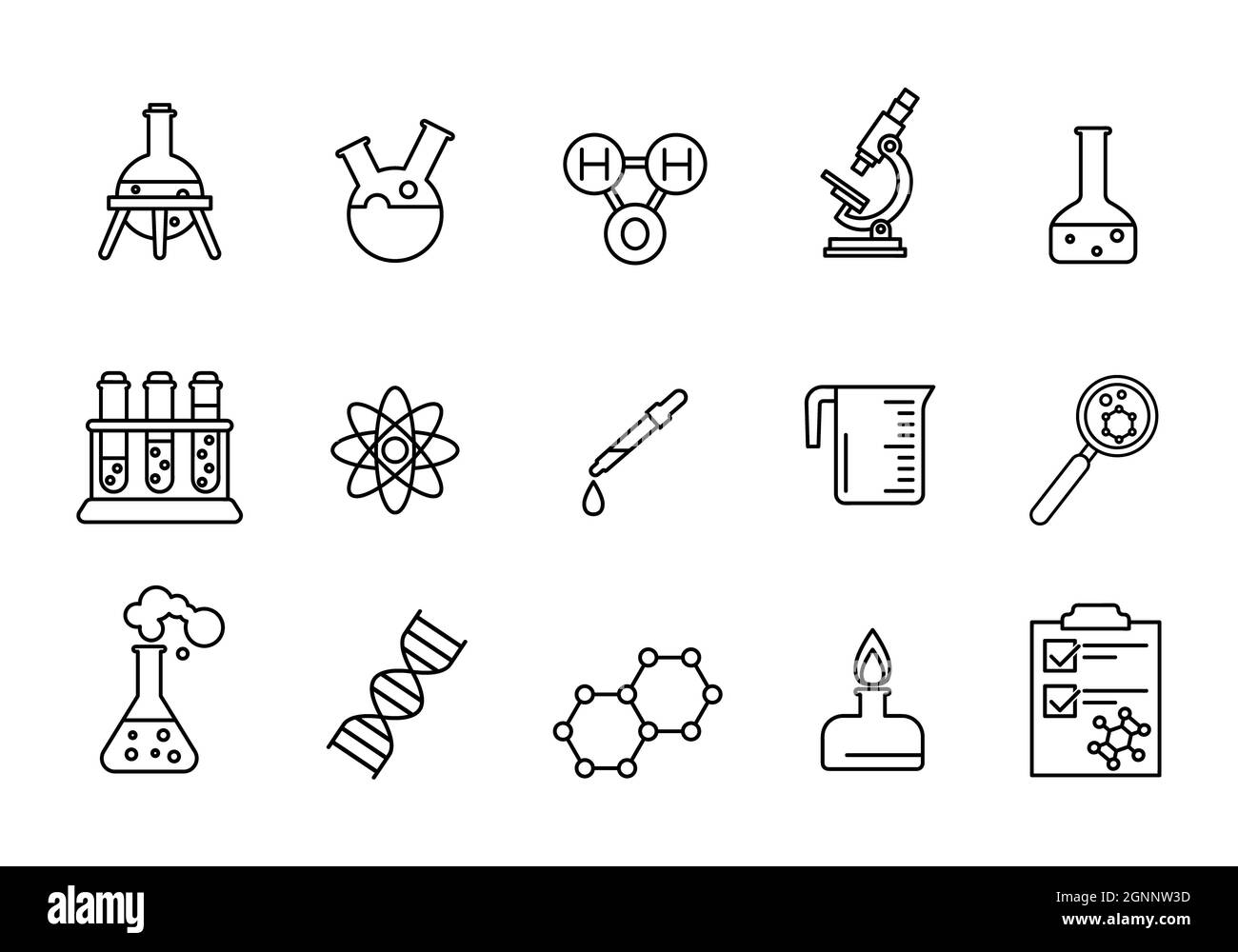 Ensemble d'icônes de laboratoire de chimie. Pictogramme plat pour toile. Trait. Symboles médicaux simples isolés sur fond blanc. Science et biologie outli Banque D'Images