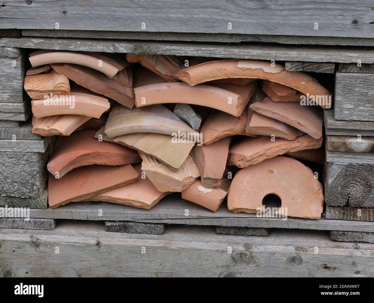 Morceaux de pots de fleurs en terre cuite brisés empilés dans une boîte en bois utilisée comme maison d'insectes. Photo de haute qualité Banque D'Images