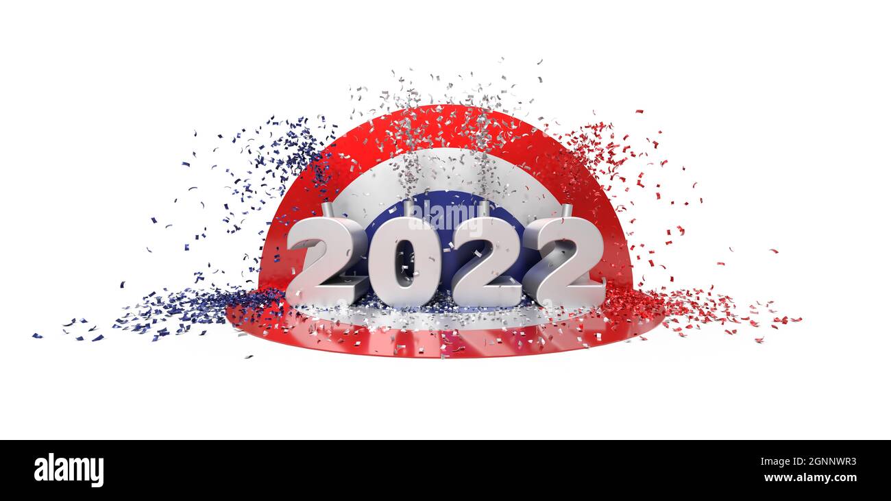 Carte de vœux pour l'année 2022 avec numéro d'or et faveurs de fête sur fond blanc - rendu 3D Banque D'Images