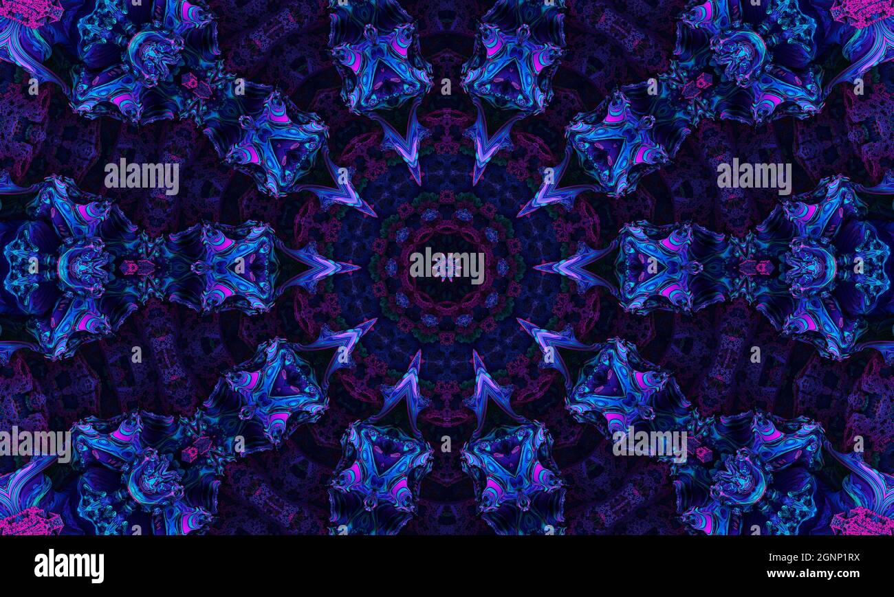 Arrière-plan abstrait ultra violet, fleurs tropicales de Bougainvillea avec effet kaléidoscope, motif floral mandala. Banque D'Images
