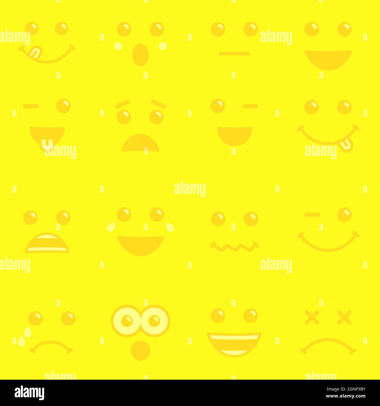 Icônes emoji fond de motif vectoriel jaune. Émoticônes souriantes pour les fêtes de fin d'année ou d'anniversaire. Journée mondiale du sourire, 1er octobre Illustration de Vecteur
