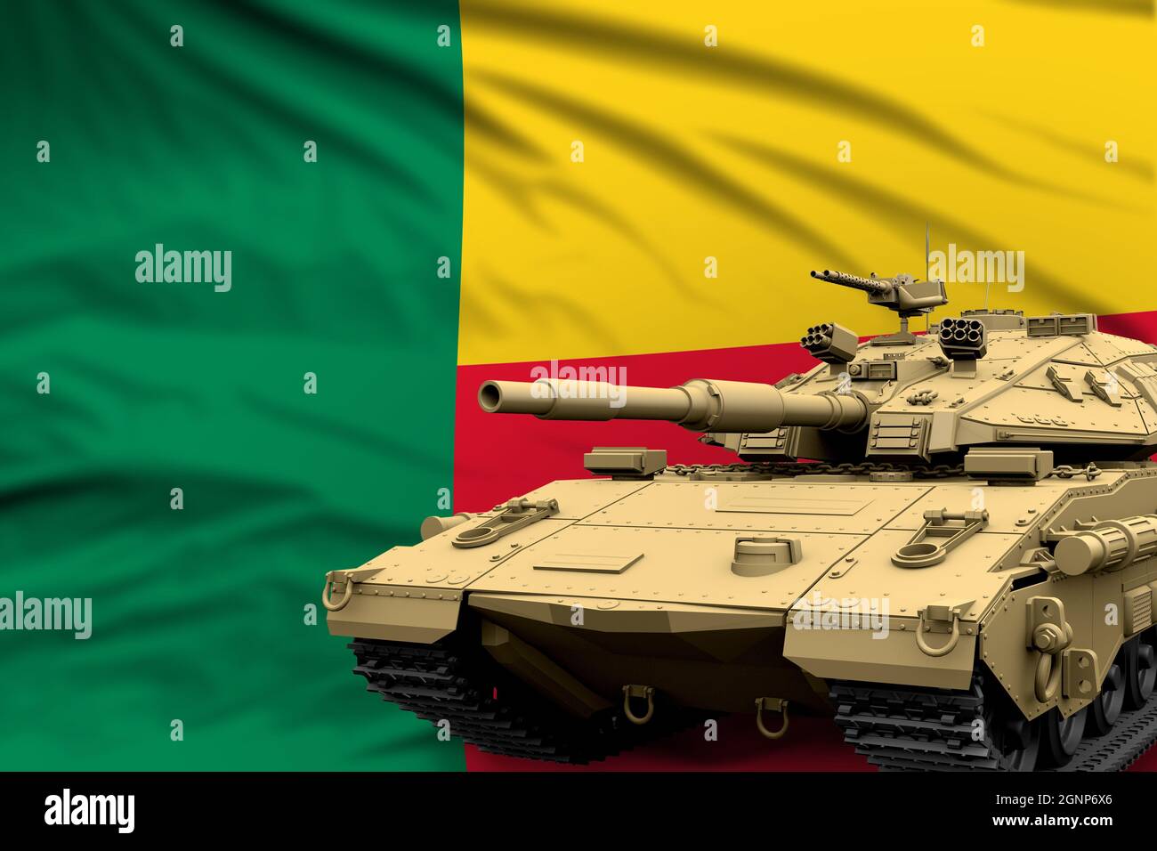Char lourd avec conception fictive sur fond de drapeau du Bénin - concept moderne des forces armées de chars, militaire 3D Illustration Banque D'Images Char lourd avec conception fictive sur fond de drapeau du Bénin - concept moderne des forces armées de chars, militaire 3D Illustration Banque D'Images