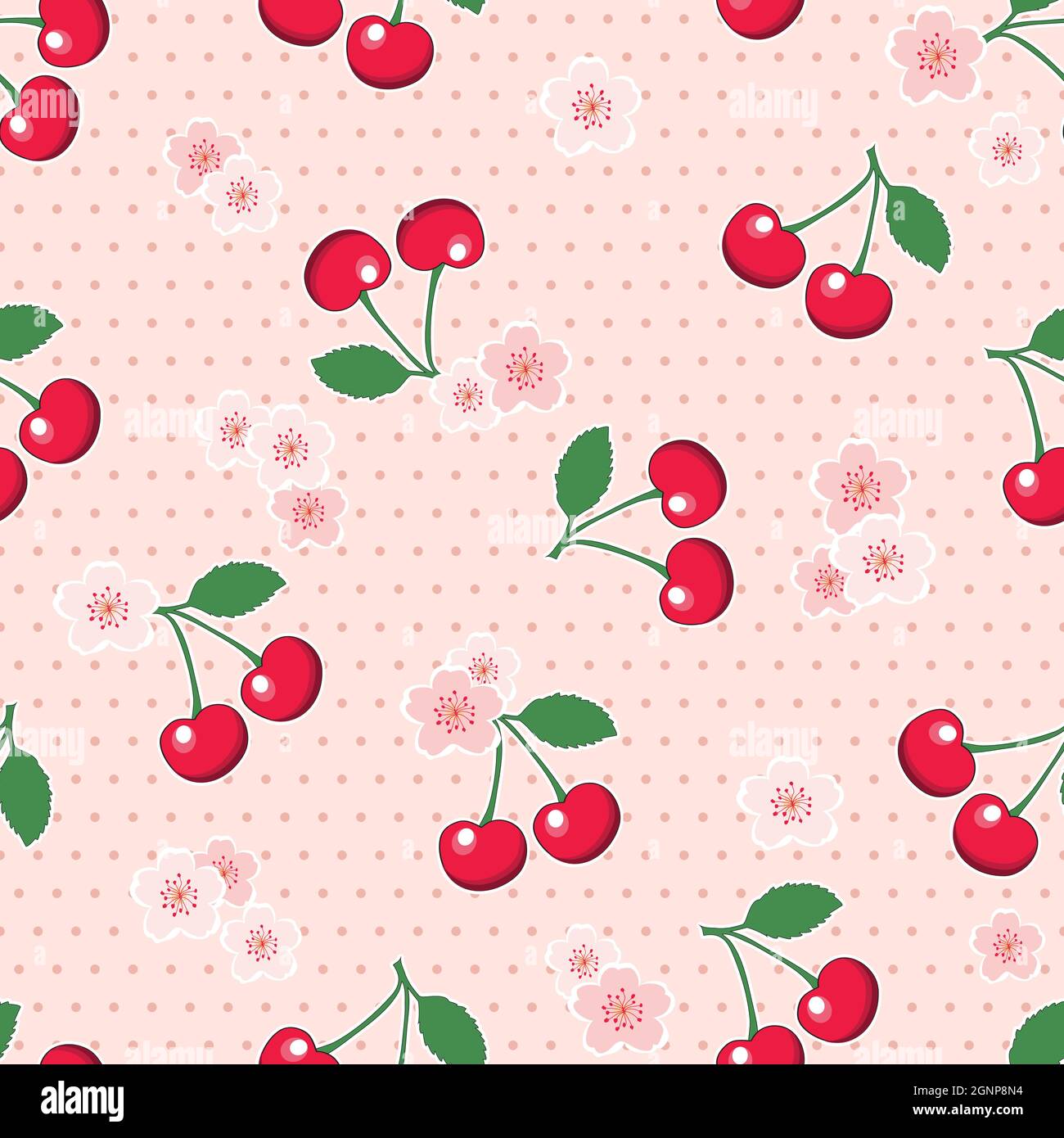 Cerises douces et rouges aux fleurs, sur fond de style rétro à pois roses. Conception sans couture. Format vectoriel EPS10. Illustration de Vecteur