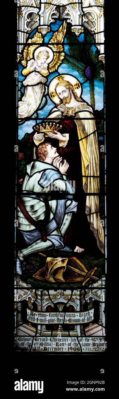 Tu es fidèle à la mort et je te donnerai une couronne de vie, vitrail, SaintEglise Paul, Fazeley, Staffordshire, Angleterre, Royaume-Uni Banque D'Images