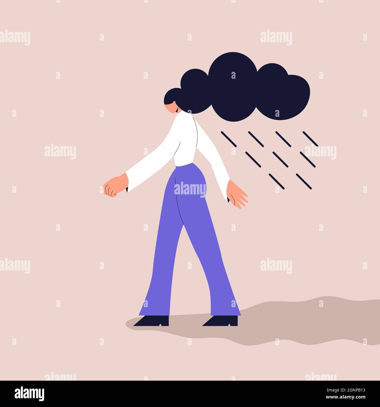 Fille dépressive avec un nuage et de la pluie au-dessus de sa tête. Le concept de dépression, d'auto-isolement, de solitude, de mauvaise humeur et de troubles mentaux. Vecteur Illustration de Vecteur