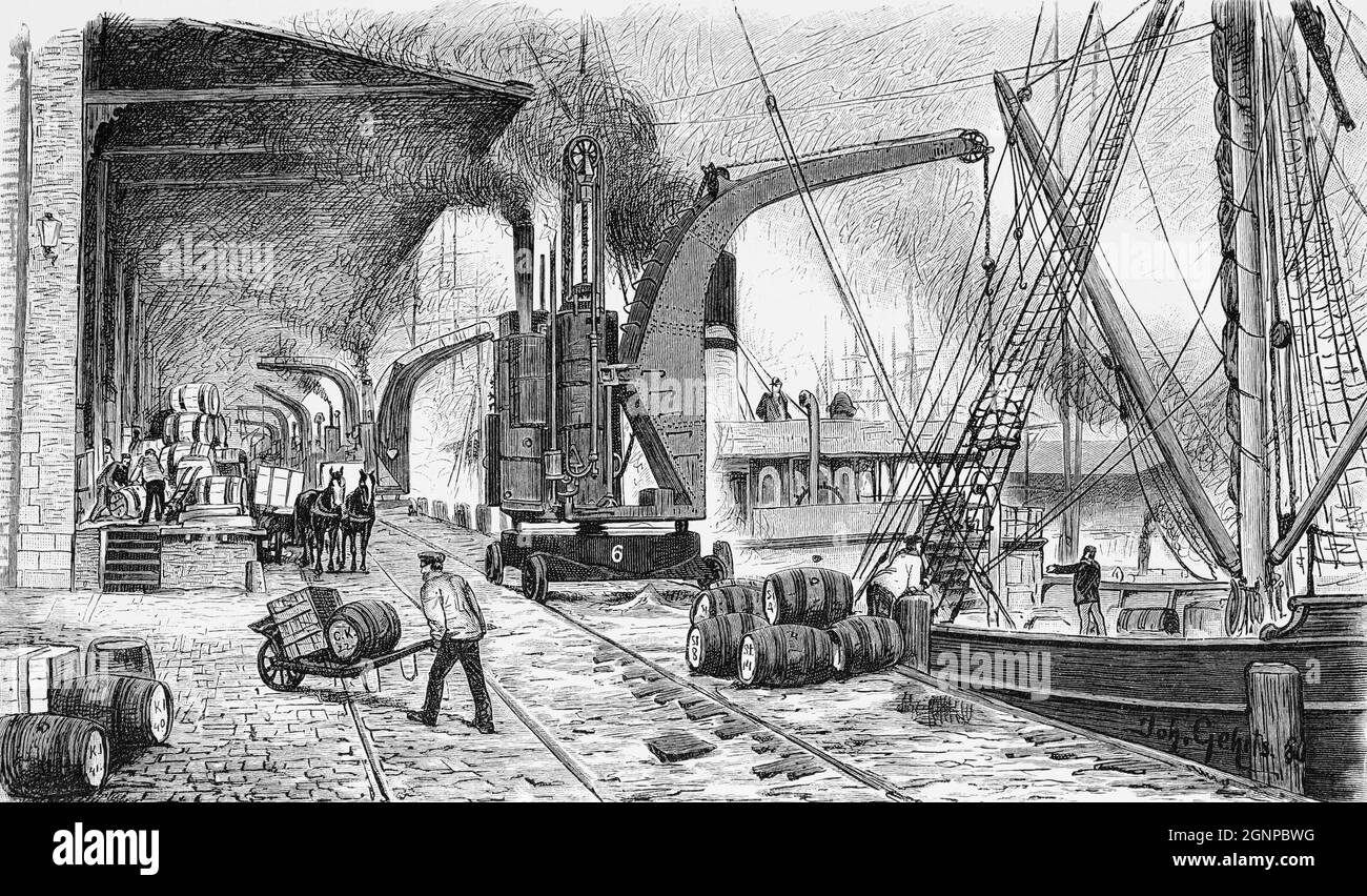 Grues à vapeur sur rails déchargeant des navires de l'étranger dans le port de Hambourg, ville libre et hanséatique de Hambourg, Allemagne, illustration historique 1880, Banque D'Images Grues à vapeur sur rails déchargeant des navires de l'étranger dans le port de Hambourg, ville libre et hanséatique de Hambourg, Allemagne, illustration historique 1880, Banque D'Images