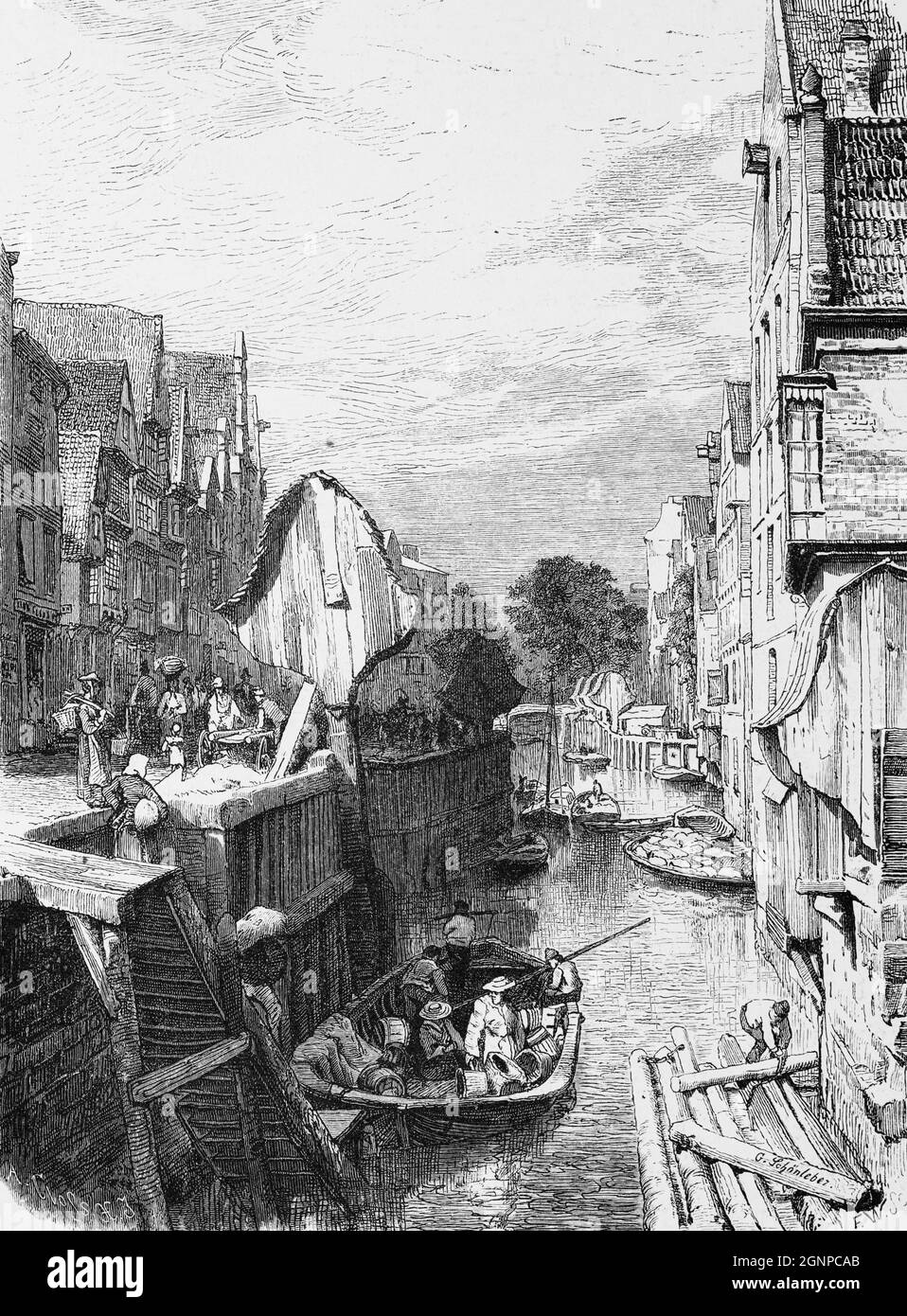 Canal de ville 'Holländischer Brook' ou 'Dutch Brook' vu de l'est, ville libre et hanséatique de Hambourg, Allemagne du Nord, illustration historique 1880, Banque D'Images
