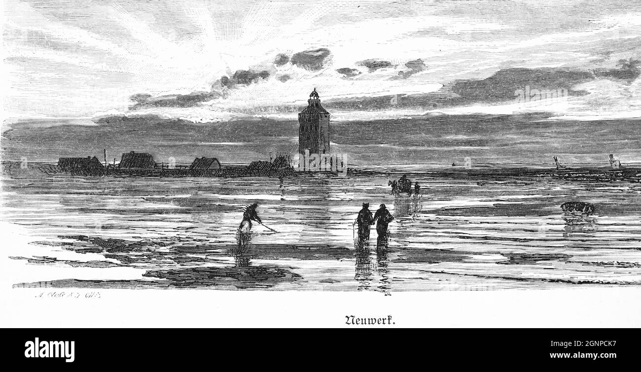 Île de la mer du Nord Neuwerk dans la mer de wadden avec son vieux phare, quartier de Hambourg, aujourd'hui patrimoine de l'UNESCO, Allemagne du Nord, illustration historique 1880, Banque D'Images