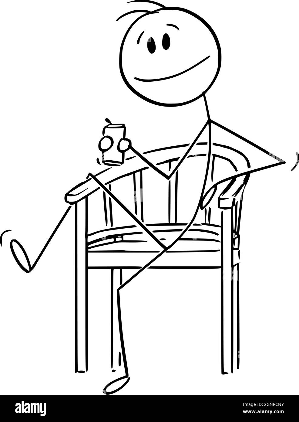 Happy Person assis dans la chaise de jardin boire de la bière, le bâton de dessin animé Figure Illustration Illustration de Vecteur