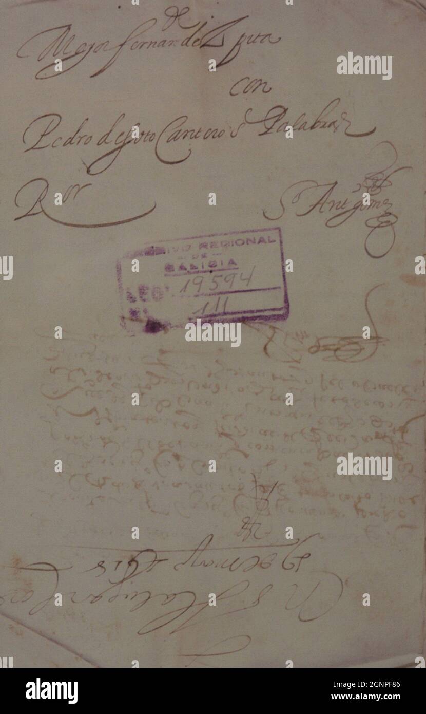 María Pita (María Fernández de Cámara y Pita) (1565-1643). Héroïne espagnole. Philippe II lui a attribué le rang d'ensign pour la défense de Corunna contre l'attaque de l'Armada anglaise en 1589, commandée par Francis Drake. Document sur la plainte déposée par María Pita contre le stonemason Pedro Soto for revile (1618). Détails. Des Archives du Royaume de Galice. Musée María Pita. Corunna, Galice, Espagne. Banque D'Images