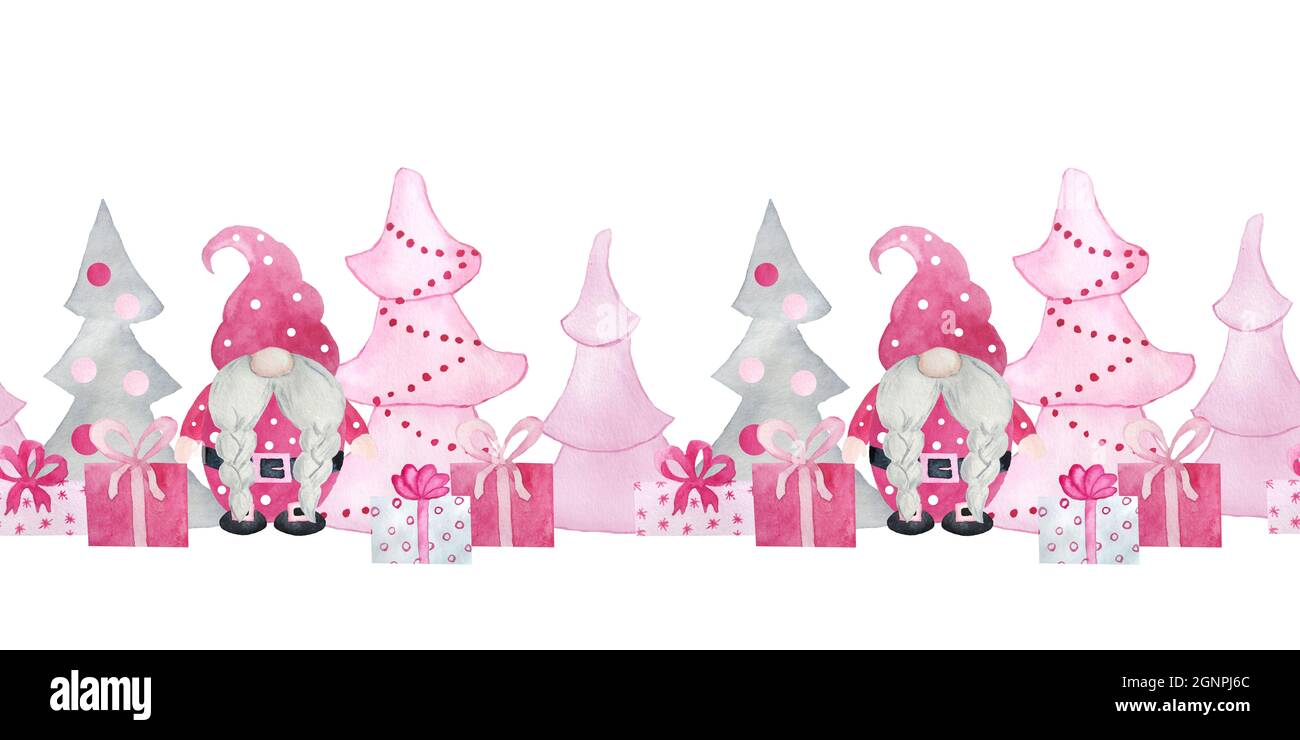 Aquarelle main frontière sans couture avec gnomes de Noël roses, cadeaux du nouvel an cadeaux.pastel gnomes scandinaves avec chritsmas arbres flocons de neige, joli dessin animé d'hiver Banque D'Images