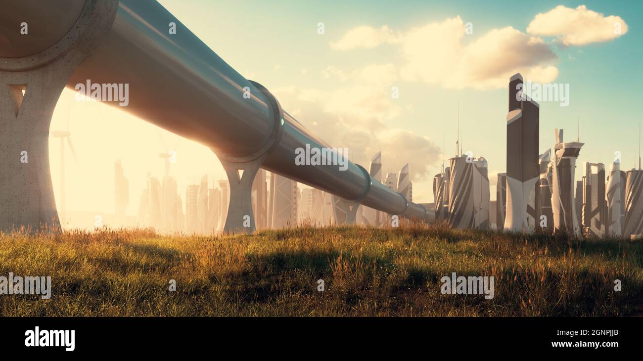 Le concept de voyager en hyperloop - un tube menant à une ville futuriste illuminée par une belle atmosphère de soirée dorée. rendu 3d. Banque D'Images