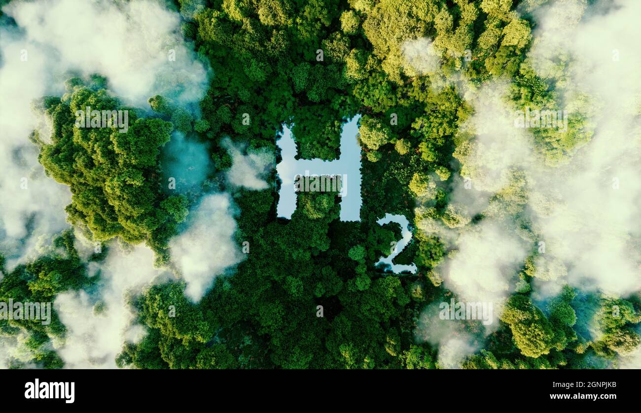 Un concept métaphoriquement représentant l'hydrogène comme source d'énergie écologique sous la forme d'un étang au milieu d'une jungle vierge. rendu 3d. Banque D'Images