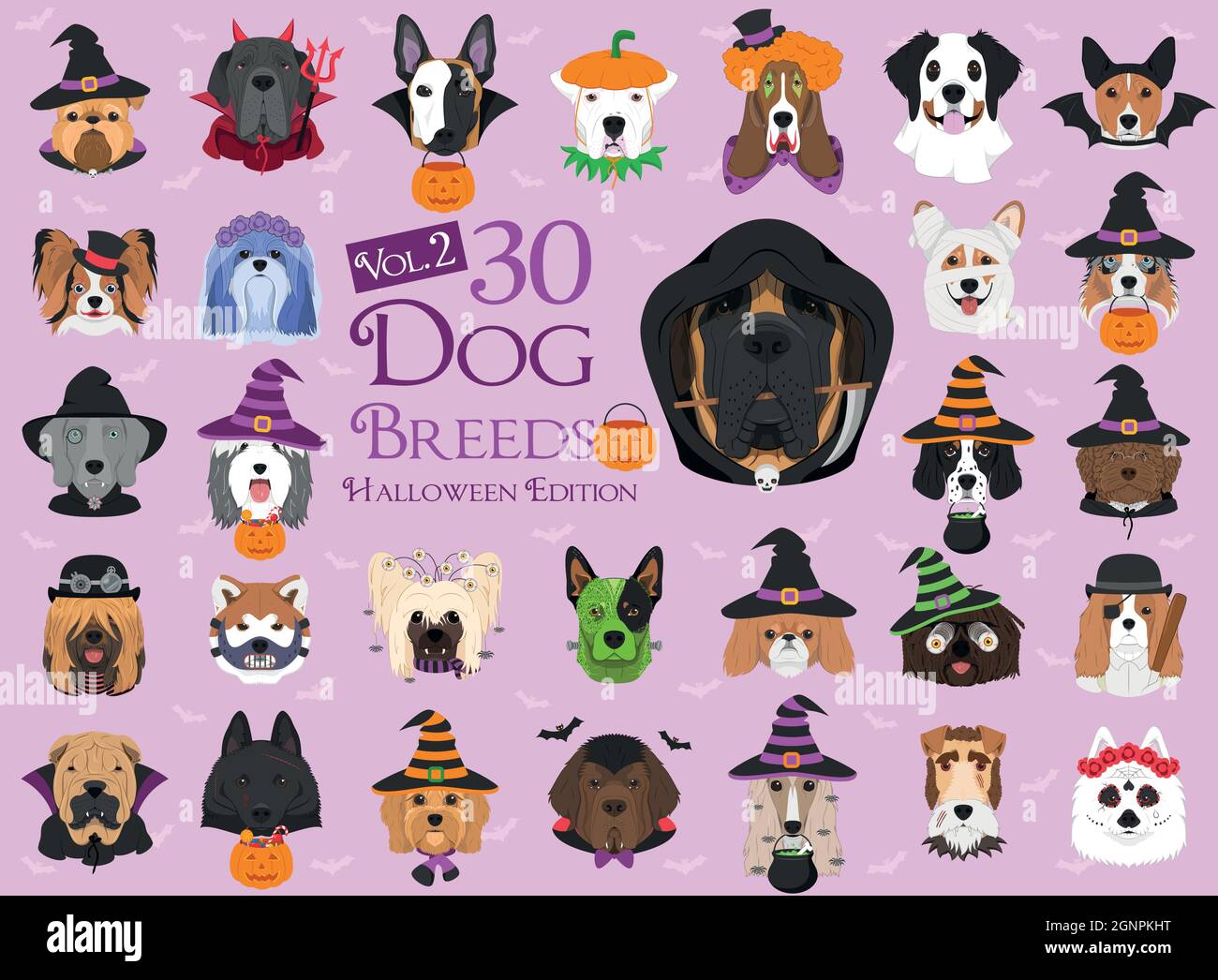 Ensemble de 30 races de chiens avec costumes d'Halloween. Ensemble 2 Illustration de Vecteur