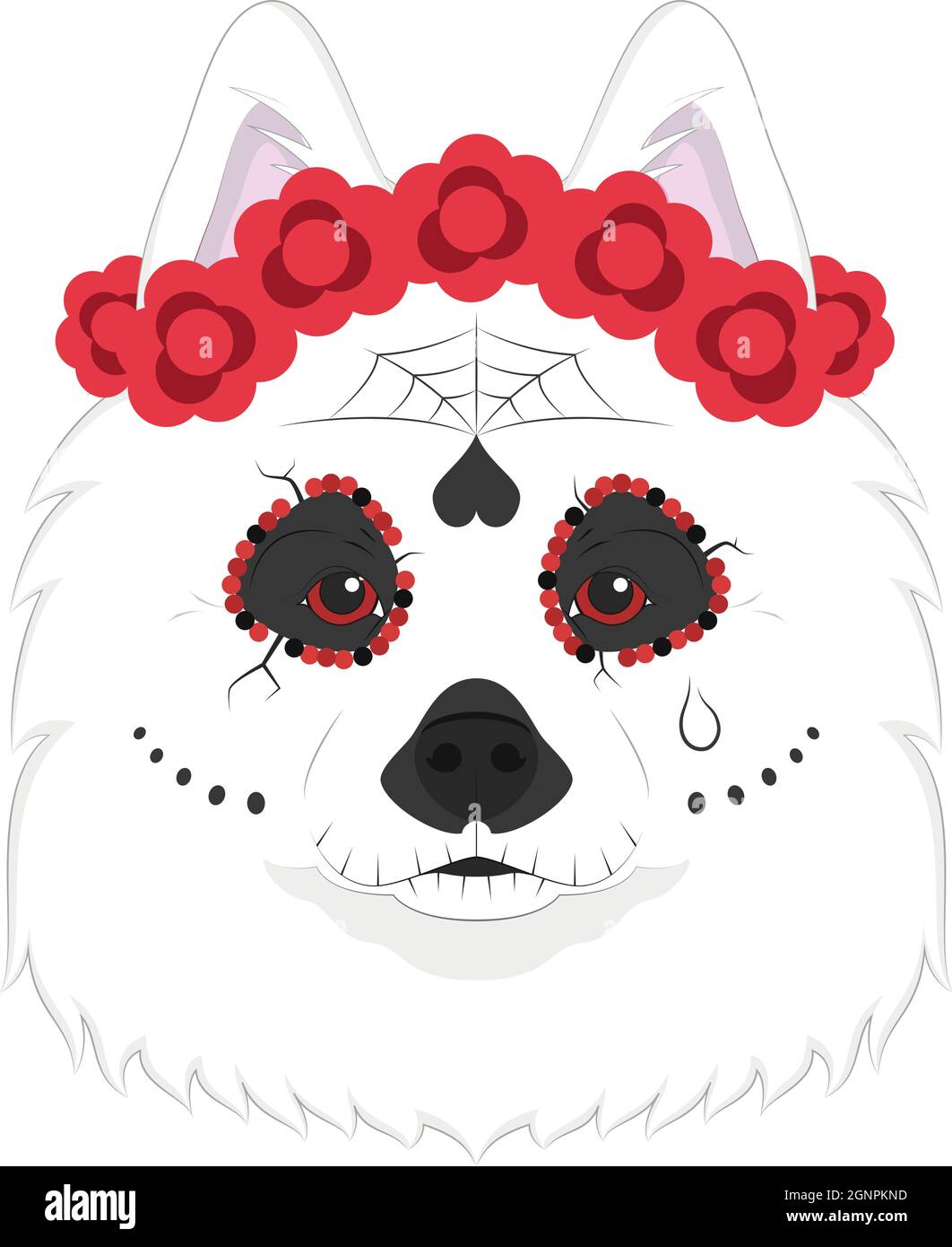 Carte de voeux pour Halloween. Chien samoyé habillé comme un crâne mexicain avec des fleurs rouges sur sa tête Illustration de Vecteur