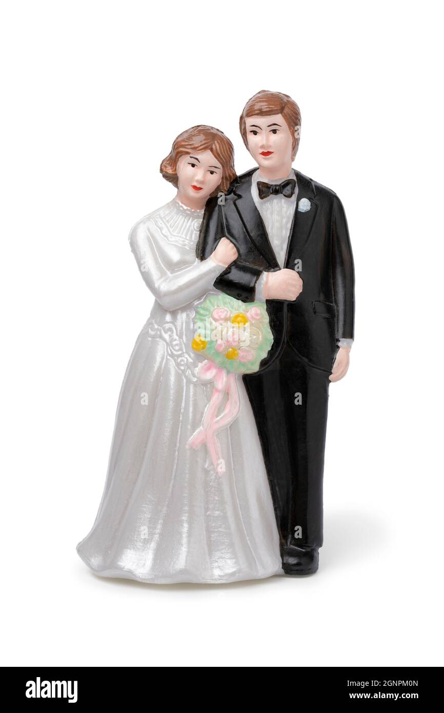 Mariée et marié, topper de gâteau vintage isolé sur fond blanc Banque D'Images