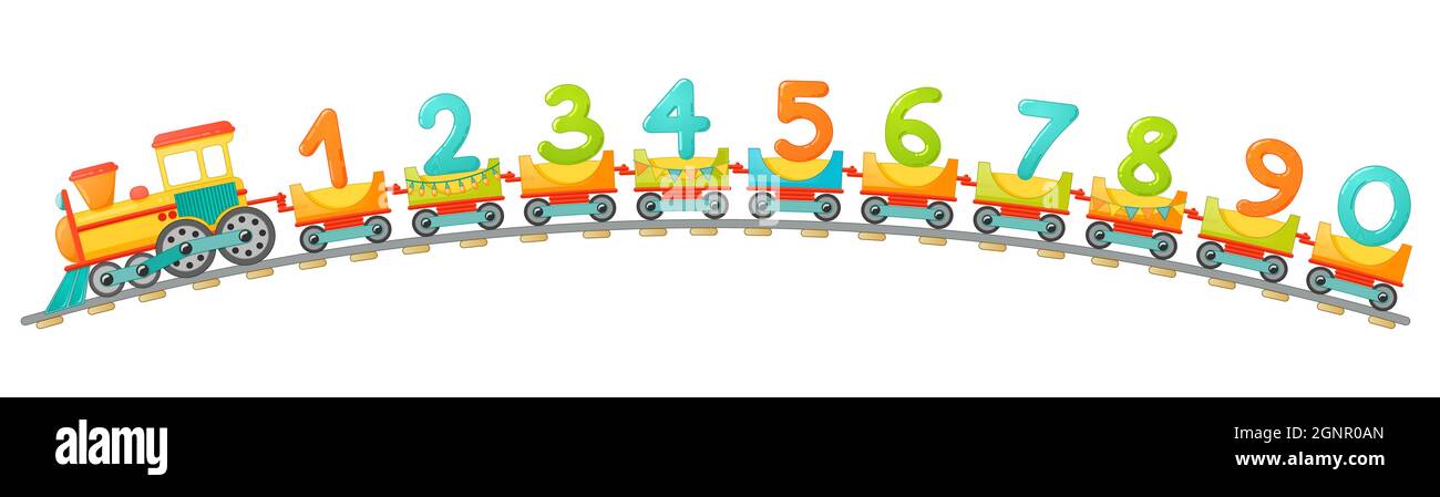 Formez les enfants avec des chiffres dans un style de dessin animé. Chiffres vectoriels pour l'éducation des enfants en mathématiques à l'école, à la maternelle et à la maternelle. Illustration de Vecteur