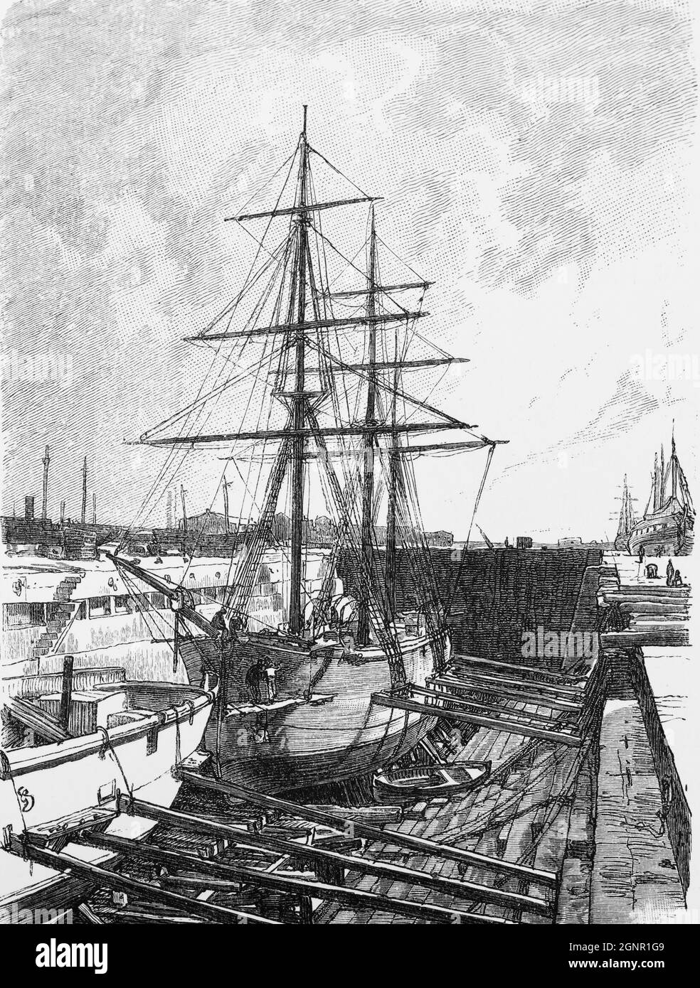 Un voilier de marine dans le quai sec de Wilhelmshaven soutenu par des planches en bois, Wilhelmshaven, Allemagne du Nord, illustration historique 1880, Banque D'Images Un voilier de marine dans le quai sec de Wilhelmshaven soutenu par des planches en bois, Wilhelmshaven, Allemagne du Nord, illustration historique 1880, Banque D'Images