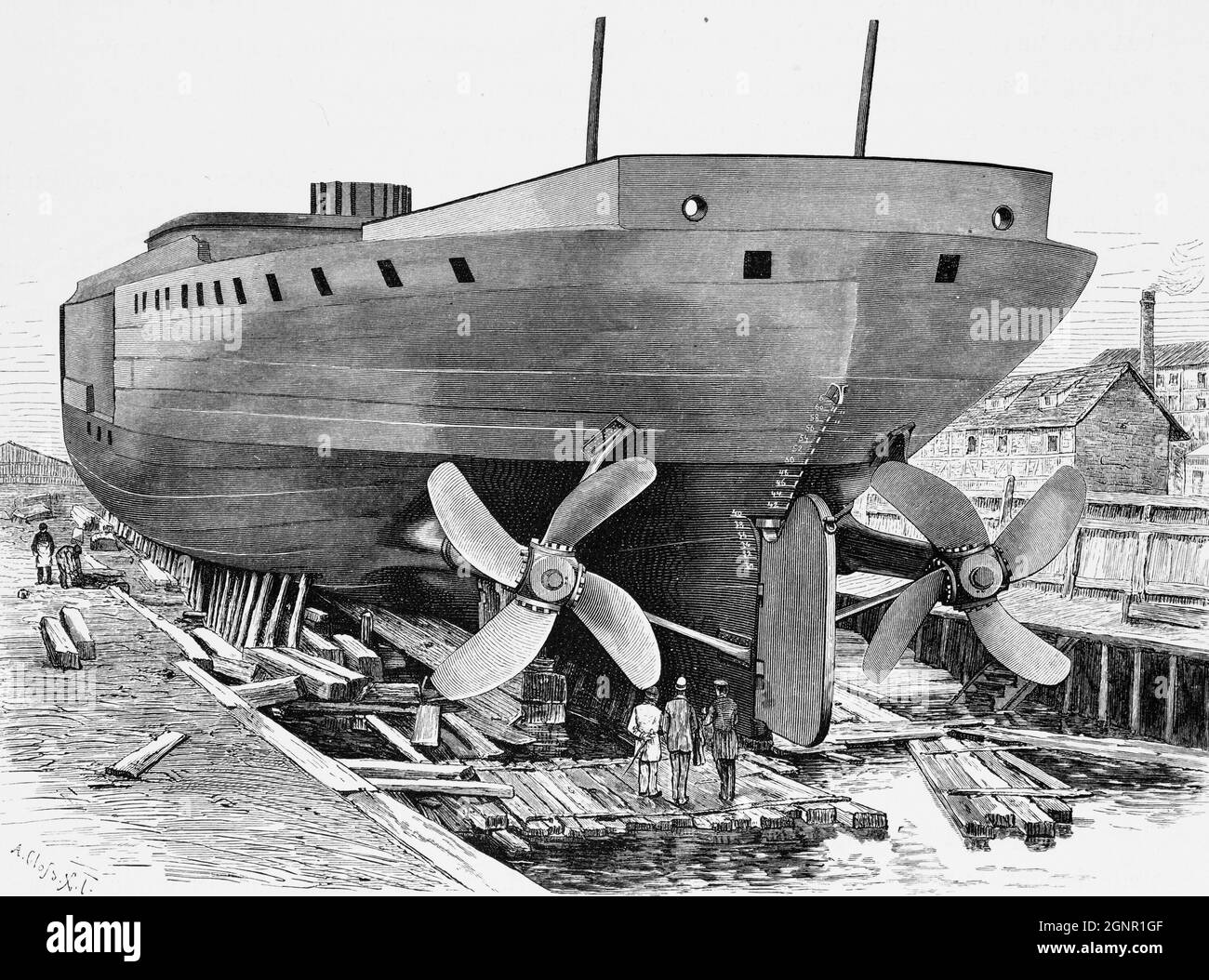 Panzercorvette Sachsen ou Sachsen vêtu d'un quai sec à Wilhelmshaven, dans le nord de l'Allemagne, illustration historique 1880, Banque D'Images Panzercorvette Sachsen ou Sachsen vêtu d'un quai sec à Wilhelmshaven, dans le nord de l'Allemagne, illustration historique 1880, Banque D'Images